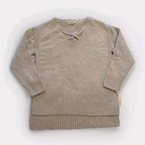Loft Ann Taylor Thick Gray Cross V-neck Winter Sweater Size XL - Picture 1 of 8